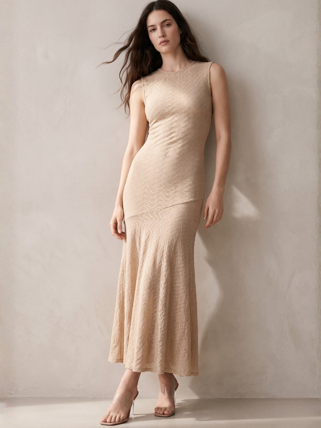 Beige Sleeveless Textured Knit Flared Dress