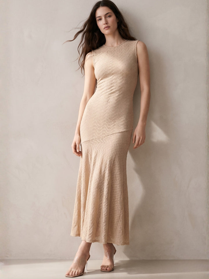 Beige Sleeveless Textured Knit Flared Dress