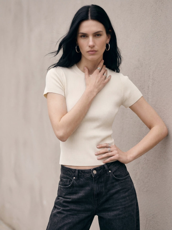White Crew Neck Ribbed Textured Top