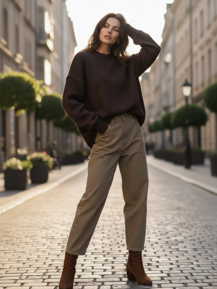 Brown Full Sleeve Crew Neck Relaxed Sweatshirt
