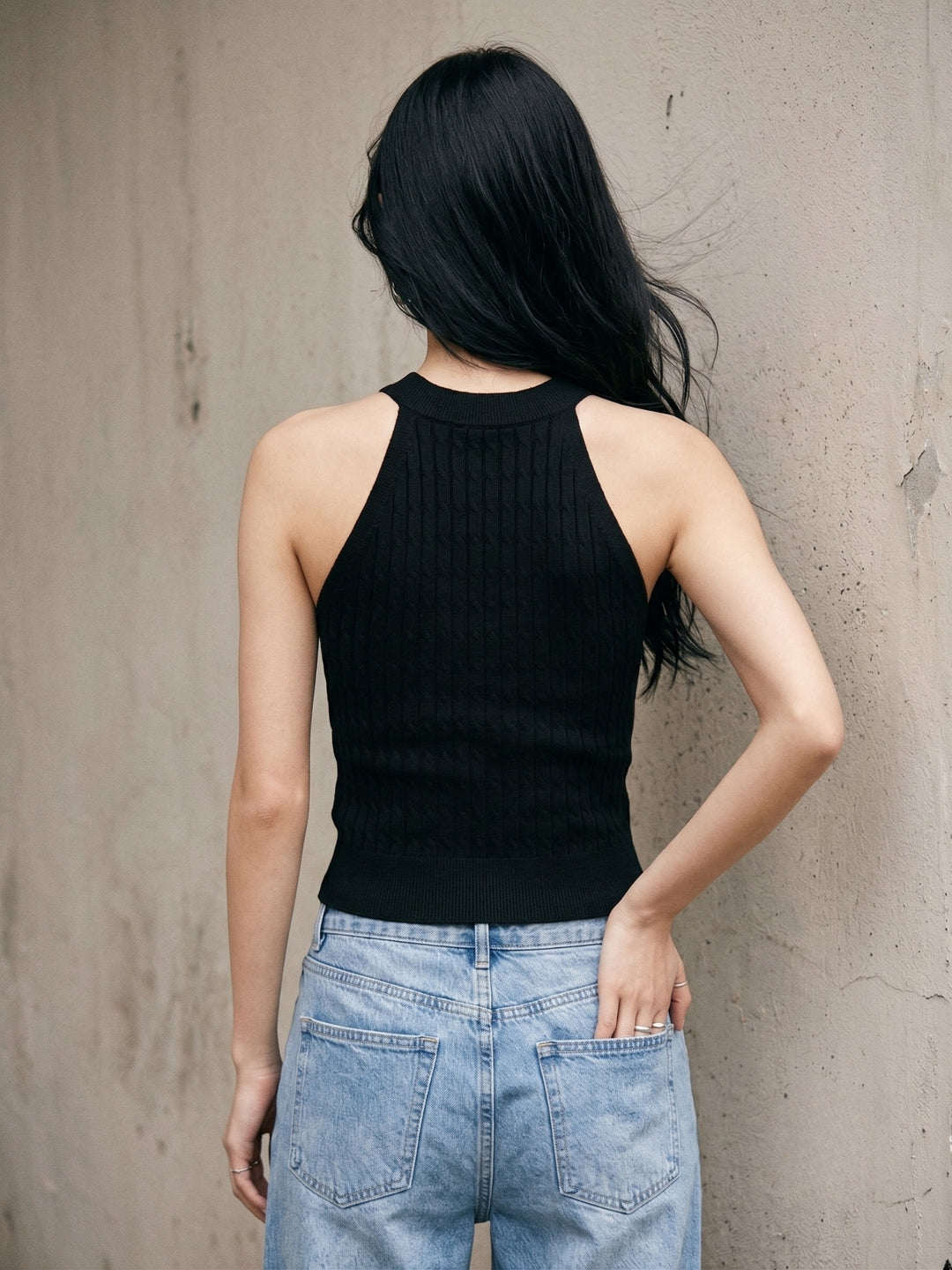Black High Neck Cable Textured Tank