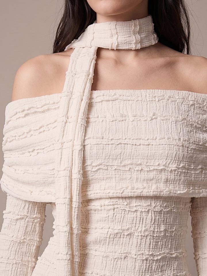 Off White Off-Shoulder Textured Dress With Scarf