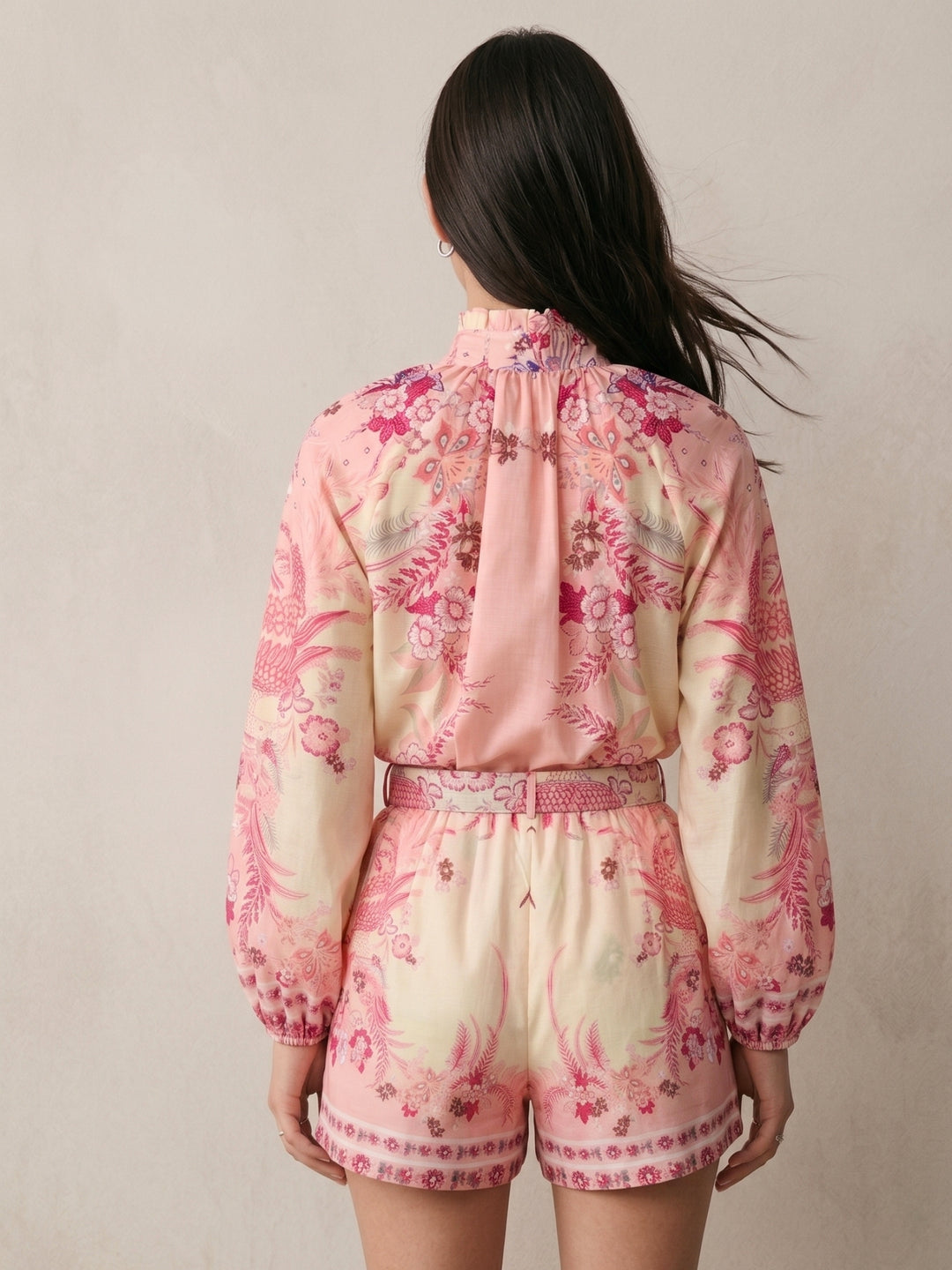 Pink Ruffle Neckline Printed Shirt And Shorts Set With Belts