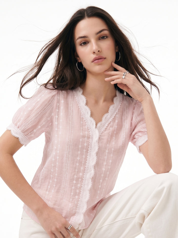 Pink Semi Sheer Lace Edge Top