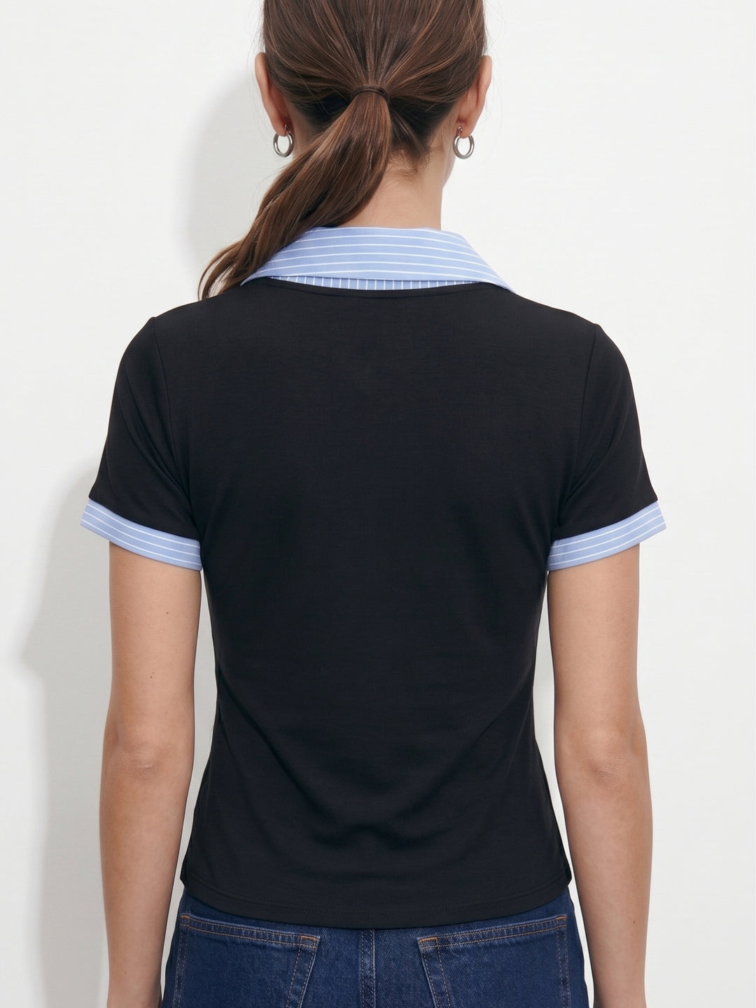 Blue Short Sleeve Contrast Collar Fitted Top