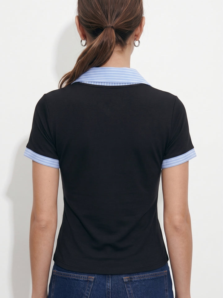 Blue Short Sleeve Contrast Collar Fitted Top