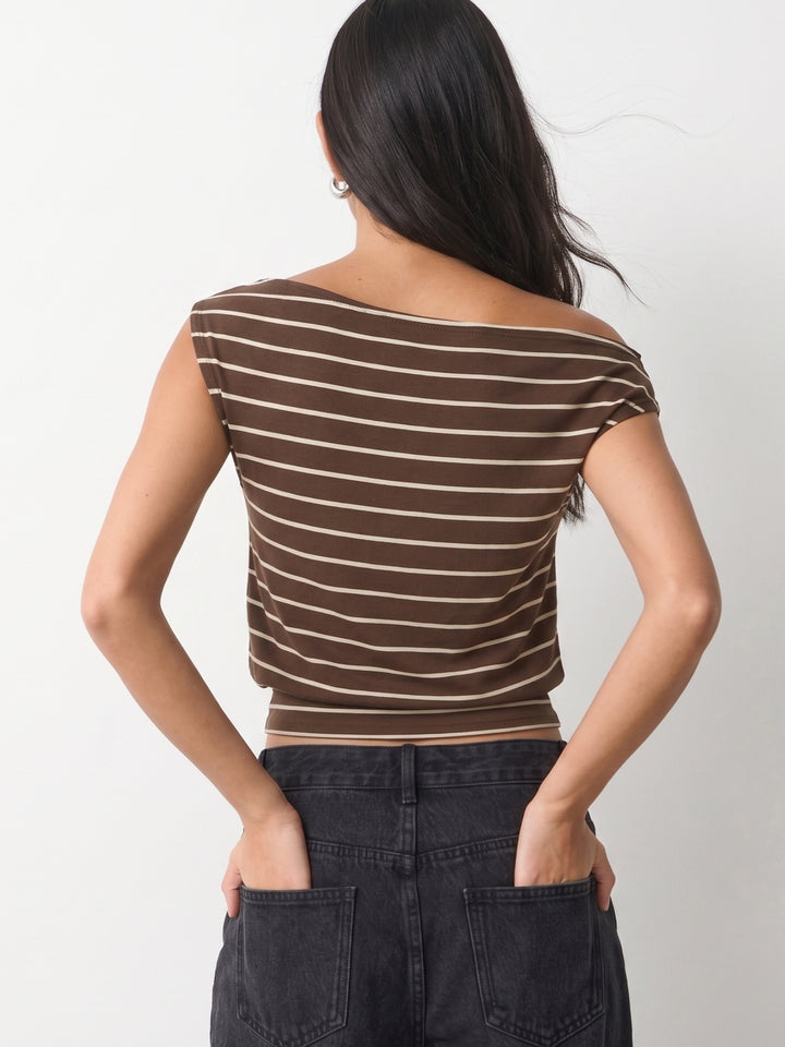 Brown One Shoulder Striped Top