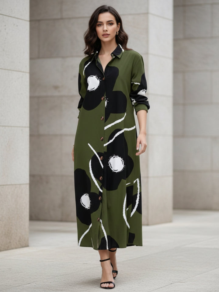 Olive Three- Fourth Sleeve Collared Neck Printed Dress