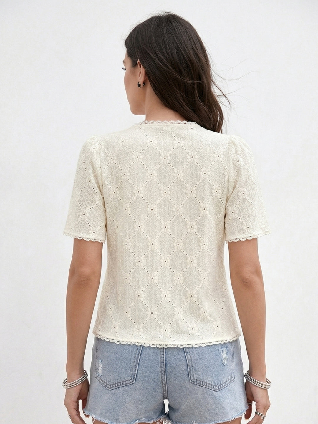 Off White Short Sleeve Lace Detail Front Buttoned Top