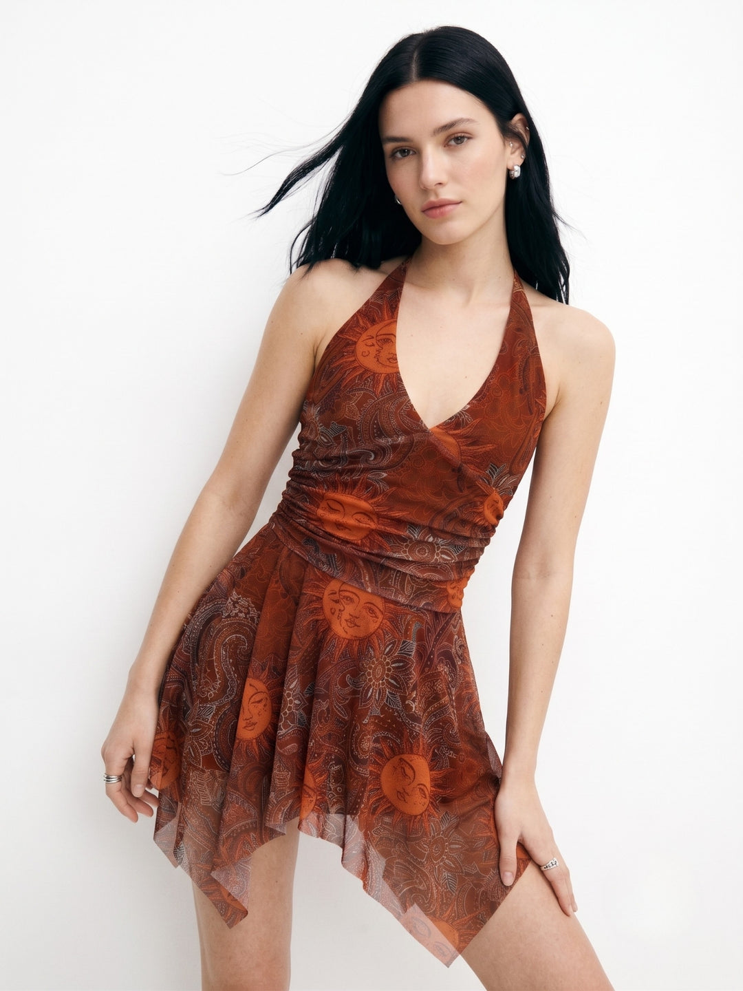 Brown Printed Halter Neck Skater Dress With Asymmetric Hem
