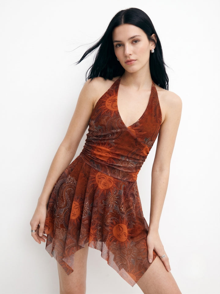 Brown Printed Halter Neck Skater Dress With Asymmetric Hem