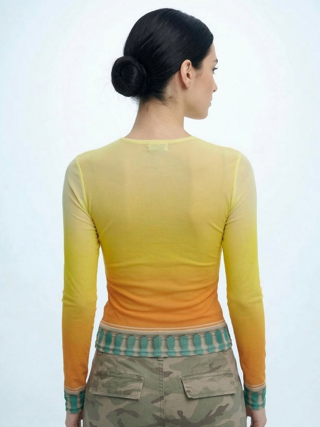 Yellow Printed Full Sleeved Mesh Top