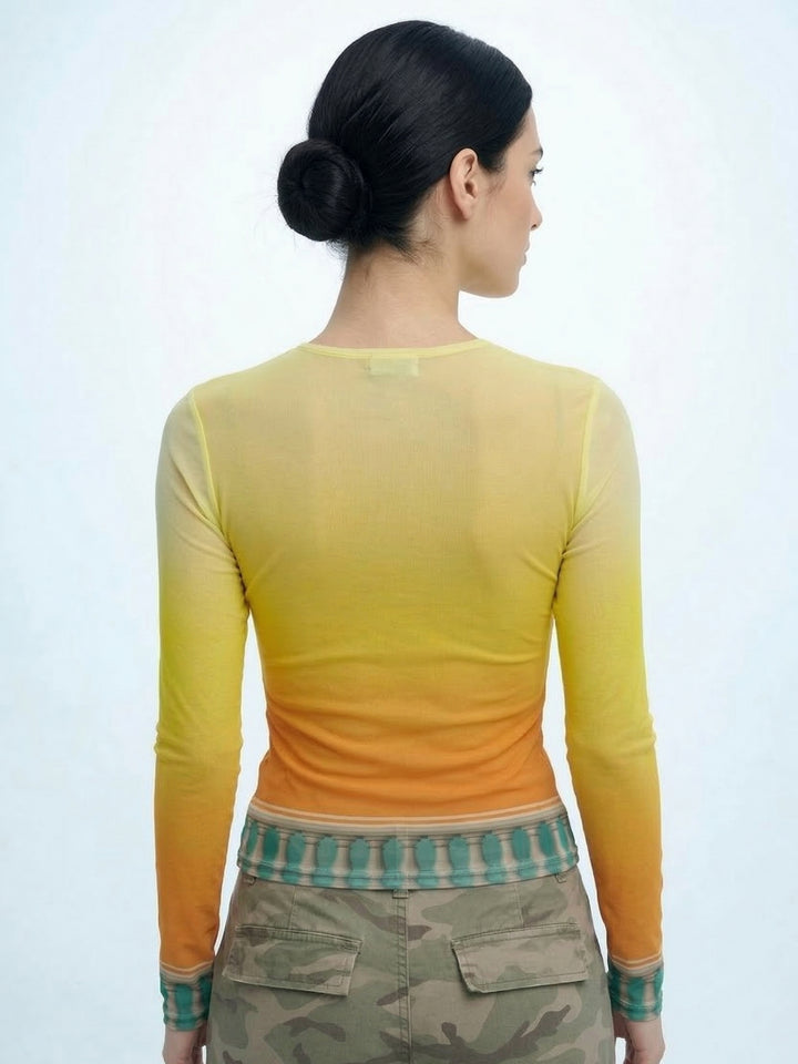 Yellow Printed Full Sleeved Mesh Top