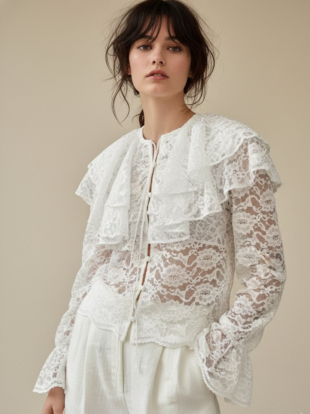 White Lace Ruffled Neck Front Button Down Top