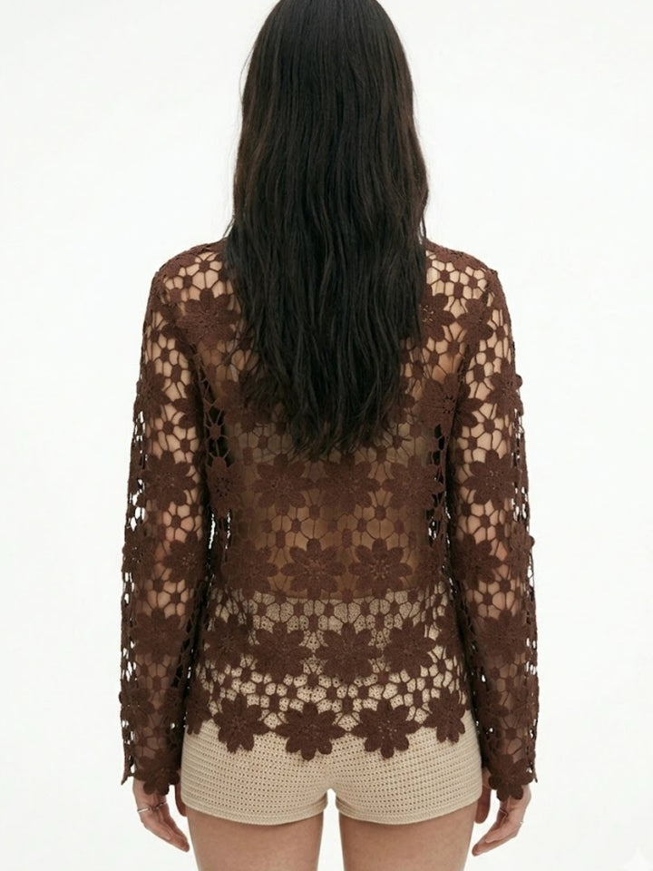 Brown Floral Lace Sheer Cover-Up