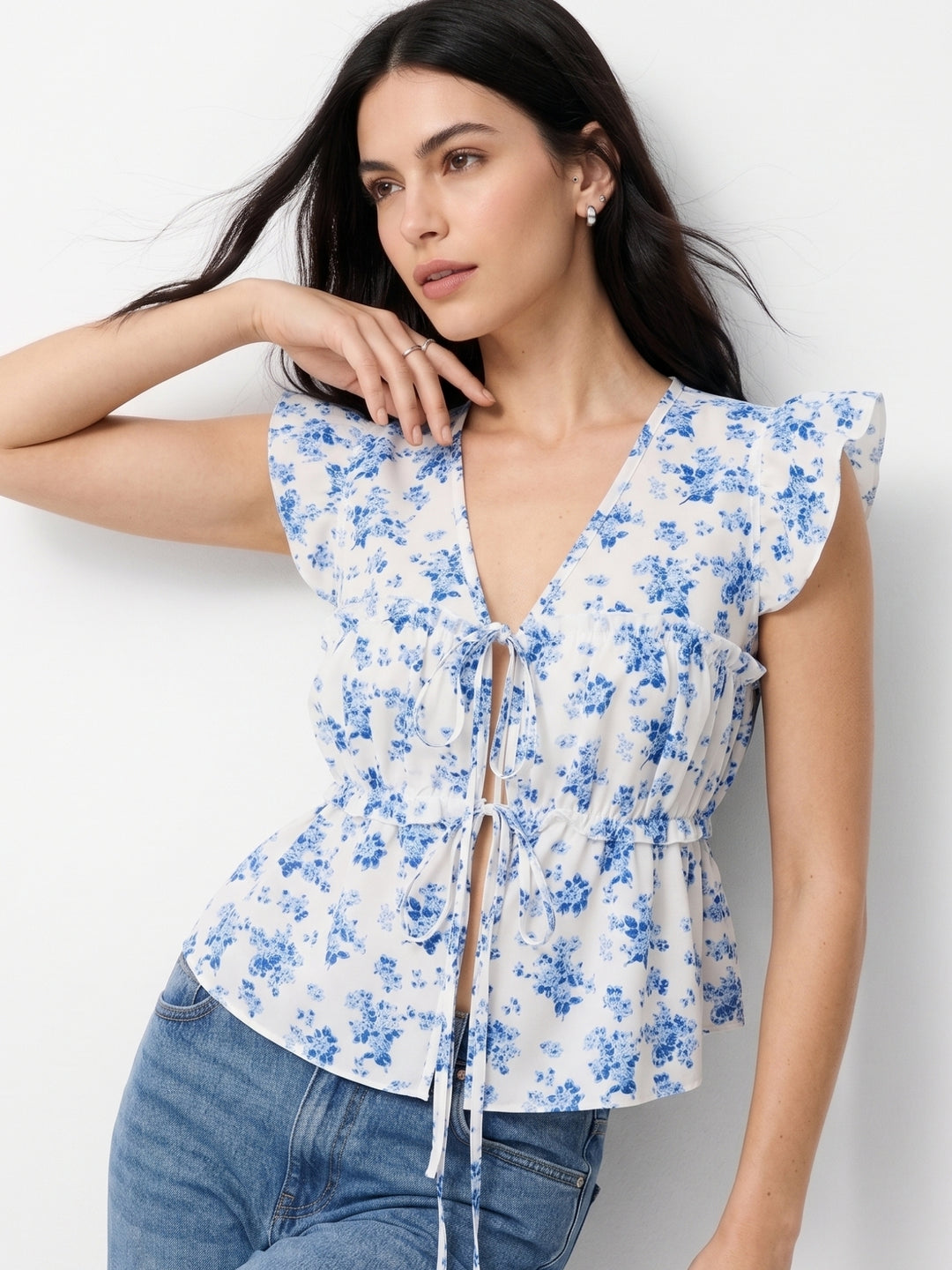 Multi Plunge Neck Printed Blouse