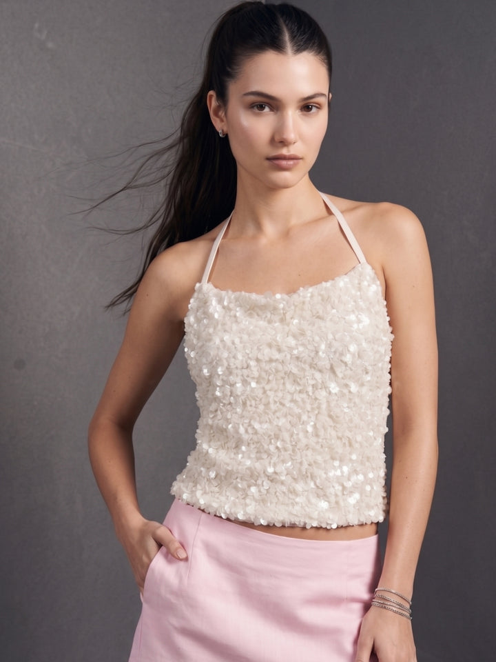 Cream Sequined Halter Neck Top