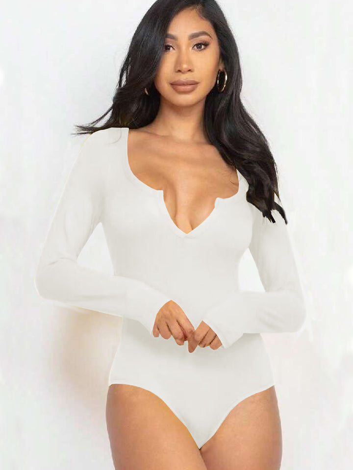 Off White Full Sleeved Scoop V-Neck Bodysuit