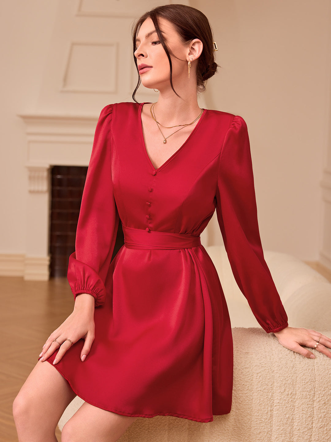 Red Bishop Sleeve Tie-Up Dress
