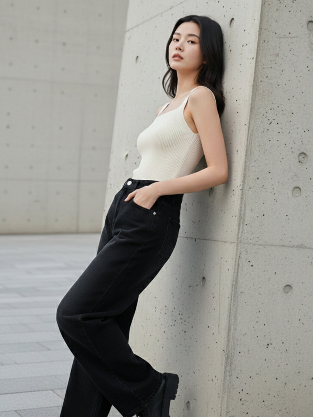 Off White Shoulder Strap Fitted Tank Top