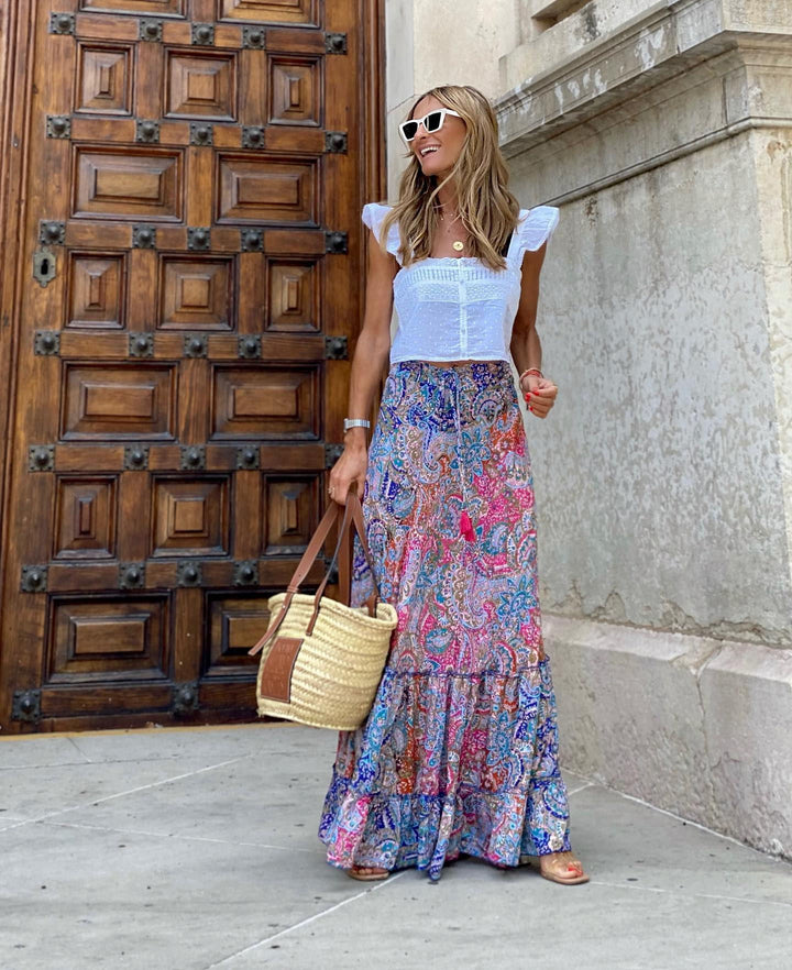 Blue Abstract Printed Flared Skirt