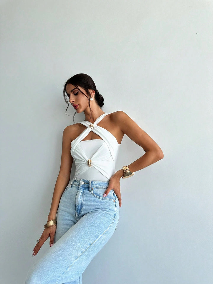 White Buckle Attach Front Detail Top