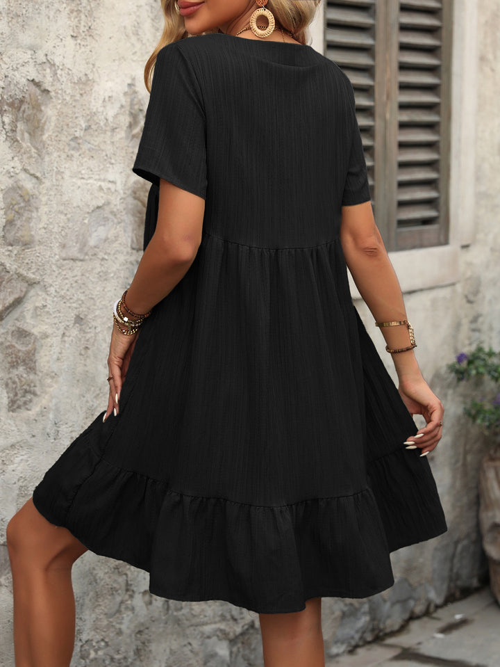 Black V-Neck Short Sleeve Flowy Dress