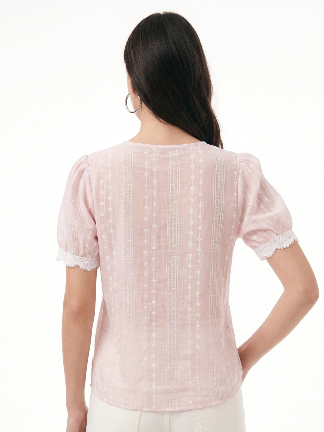 Pink Semi Sheer Lace Edge Top