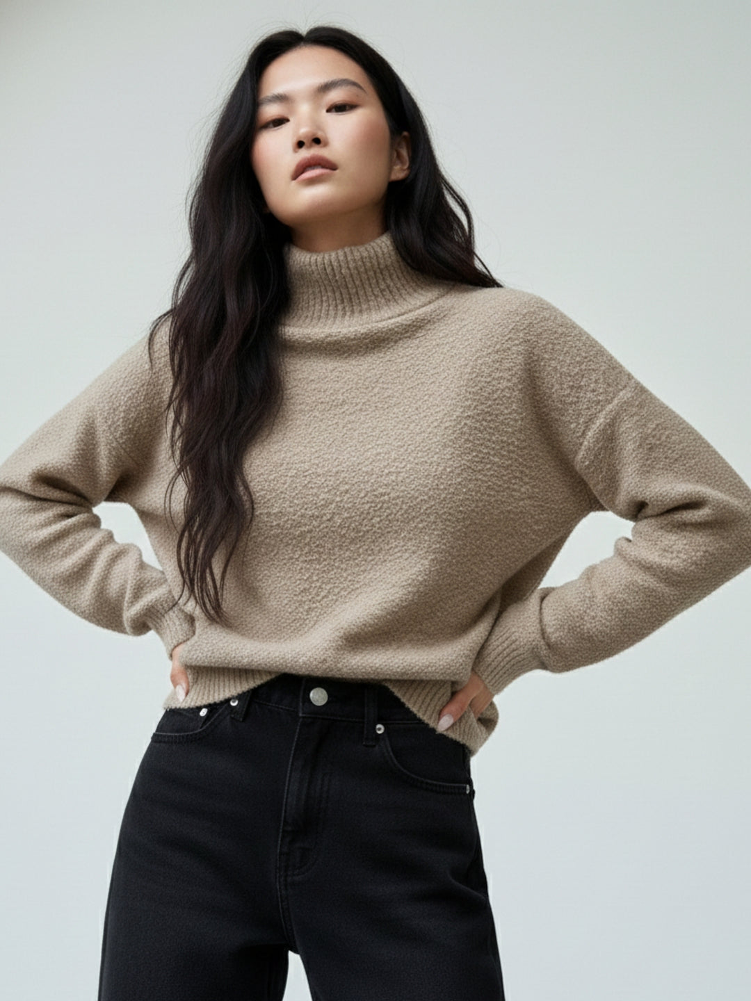 Beige Full Sleeve Mock Neck Sweatshirt