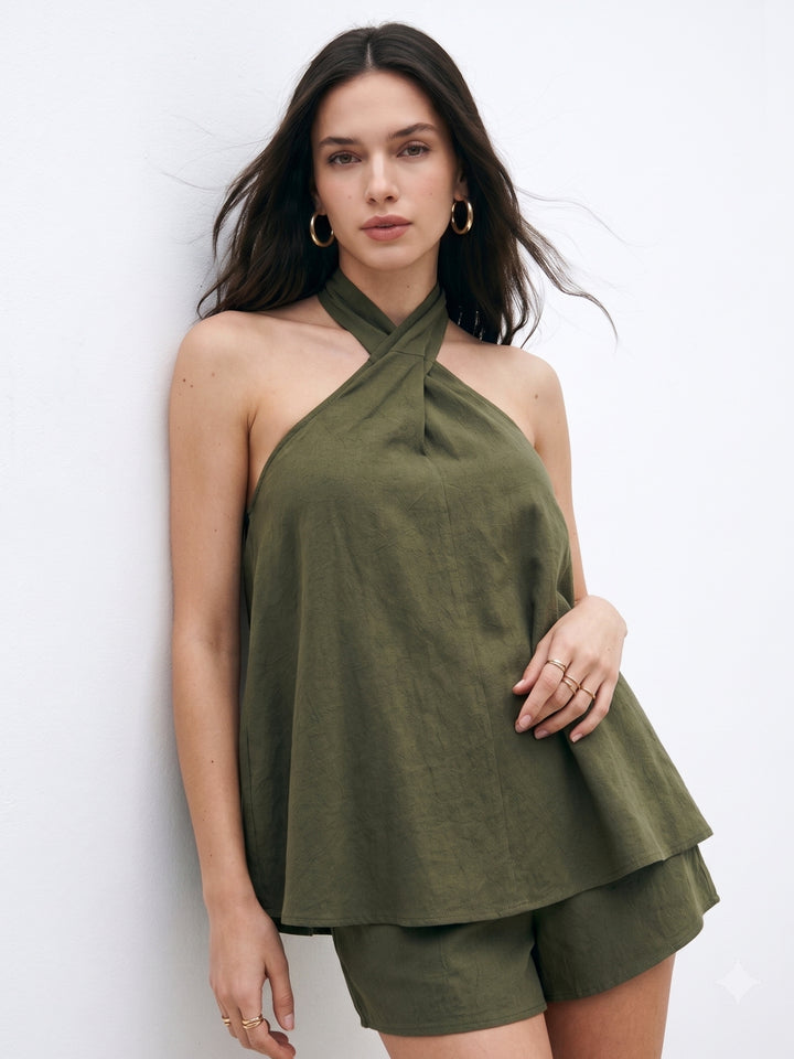 Olive Halter Neck Relaxed Top And Shorts Co-Ord Set