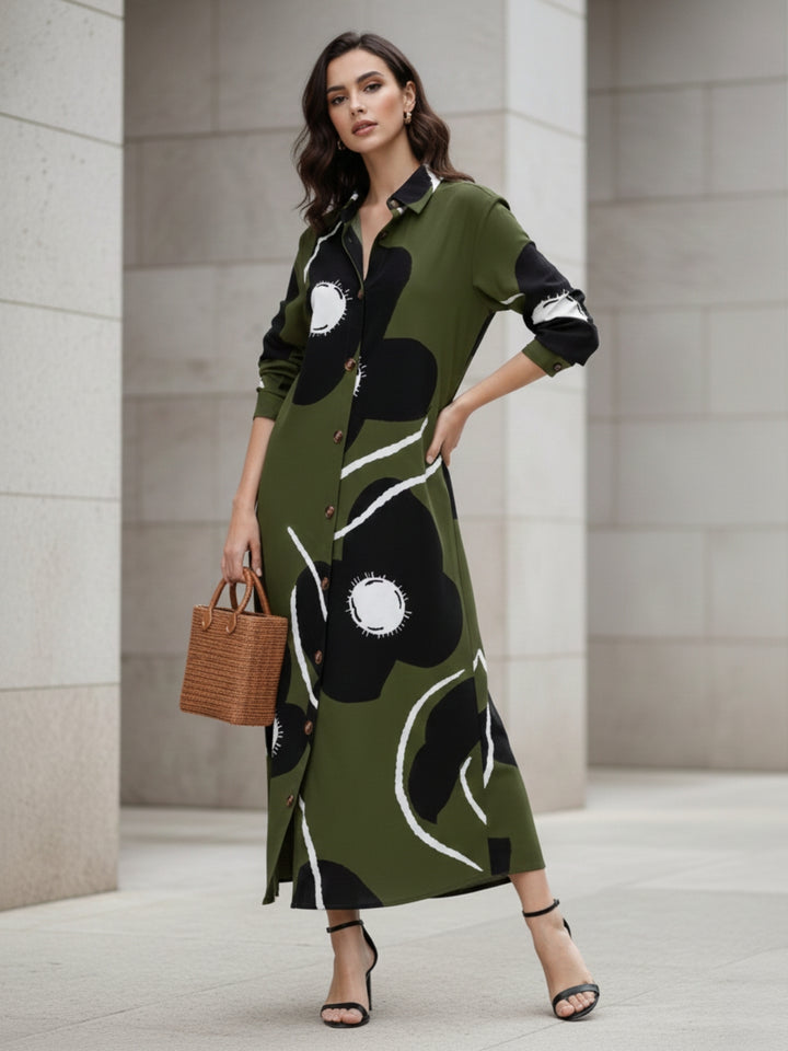 Olive Three- Fourth Sleeve Collared Neck Printed Dress