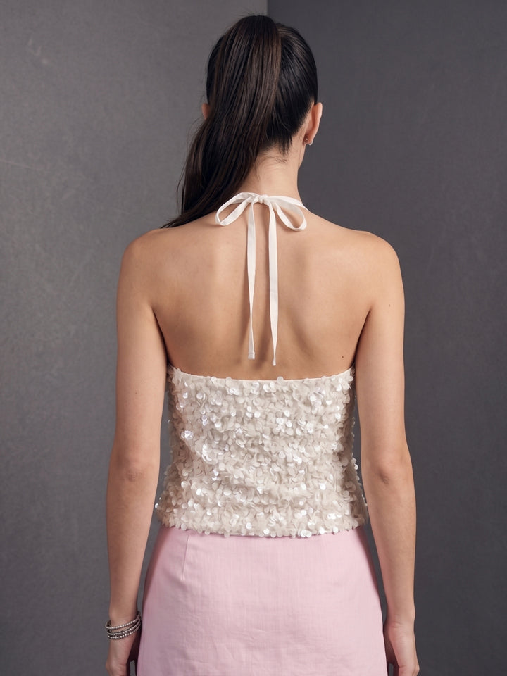 Cream Sequined Halter Neck Top