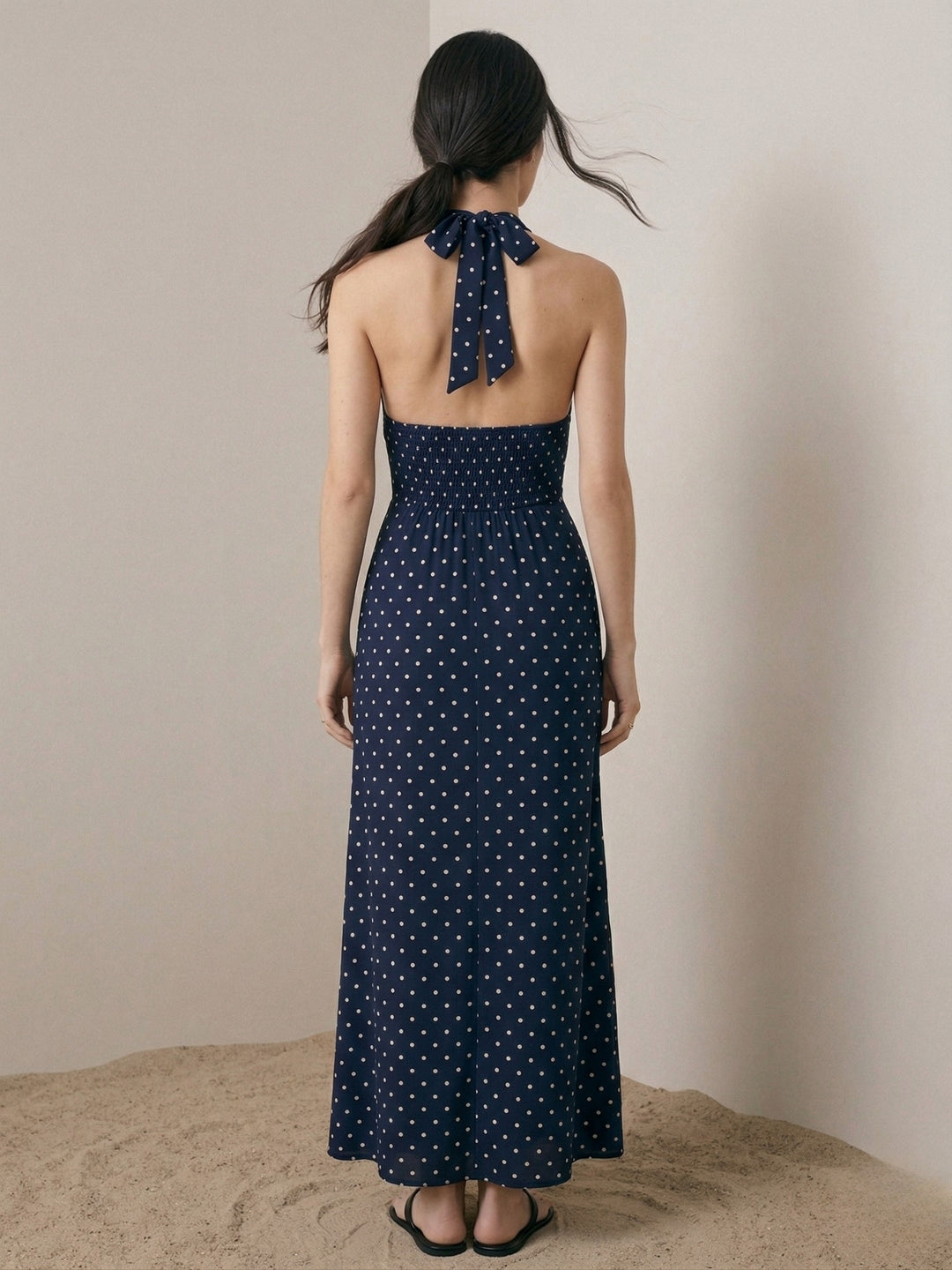 Navy Blue Polka Dotted Halter Neck Maxi Dress