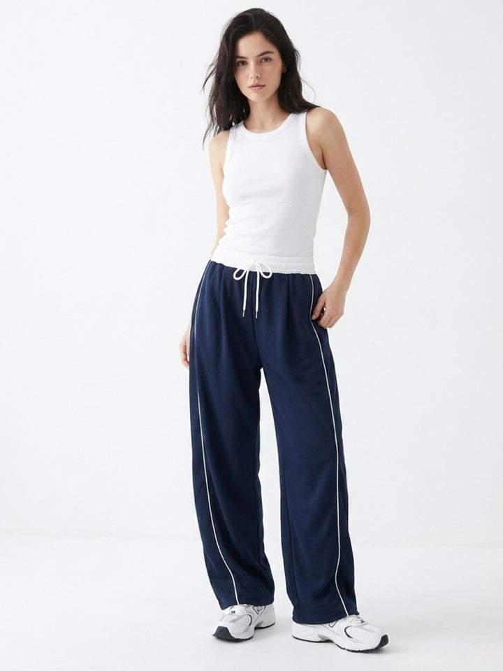Navy Blue Contrast Waist Wide Leg Pant