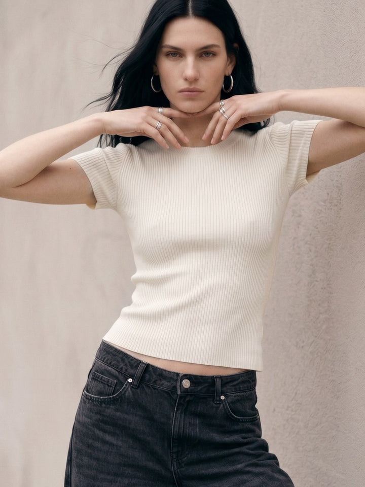 White Crew Neck Ribbed Textured Top