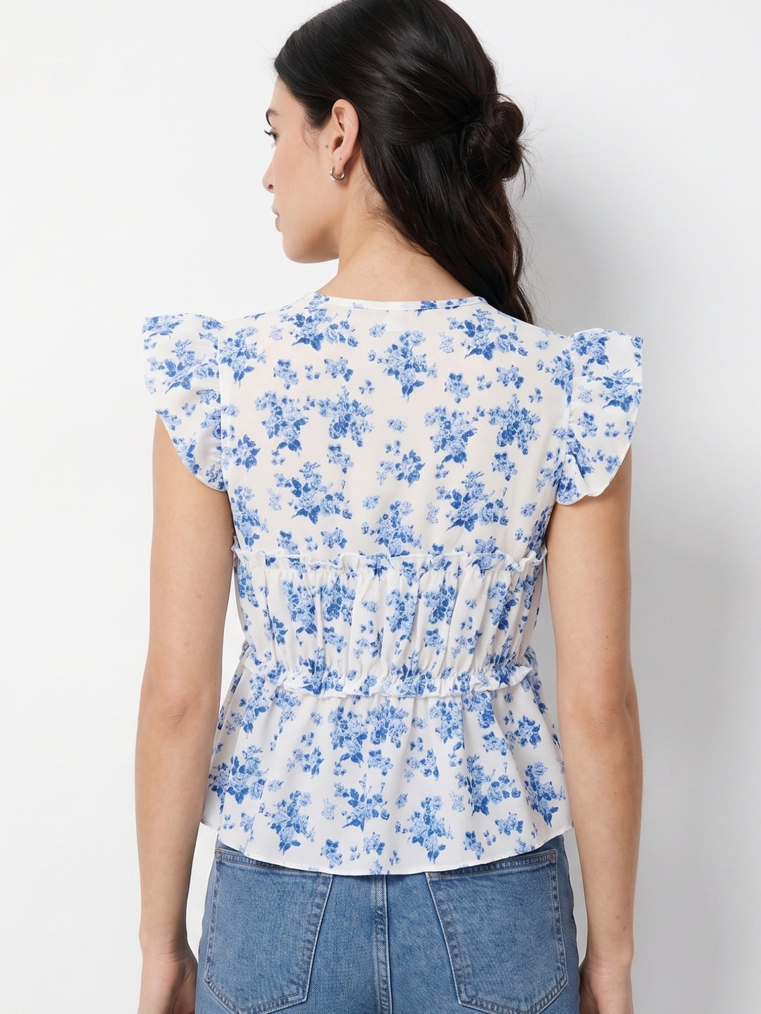 Multi Plunge Neck Printed Blouse