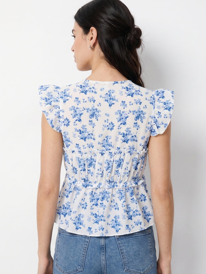 Multi Plunge Neck Printed Blouse