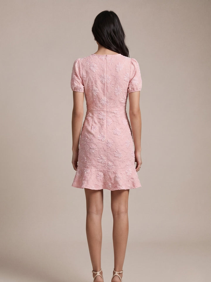 Pink Round Neck Textured Dress