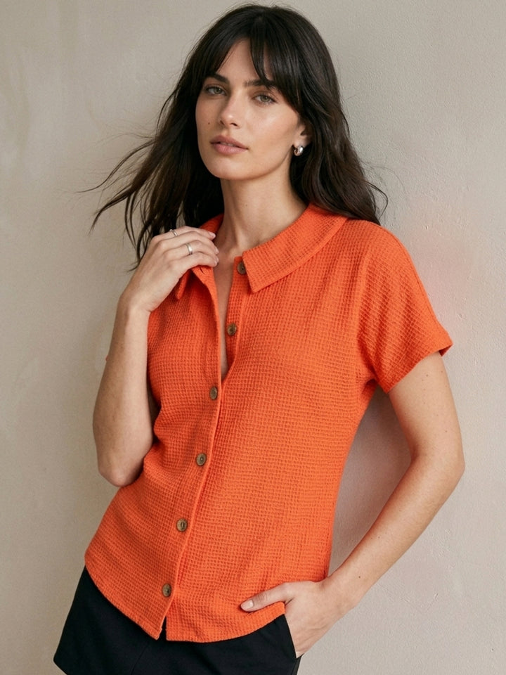 Orange Waffles Textured Polo Button Down Top