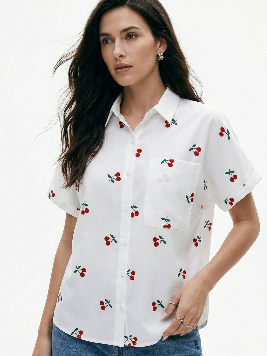 White Cherry Printed Relaxed Shirt