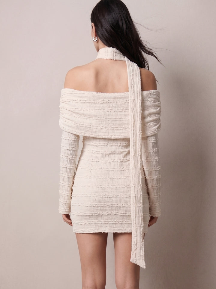 Off White Off-Shoulder Textured Dress With Scarf