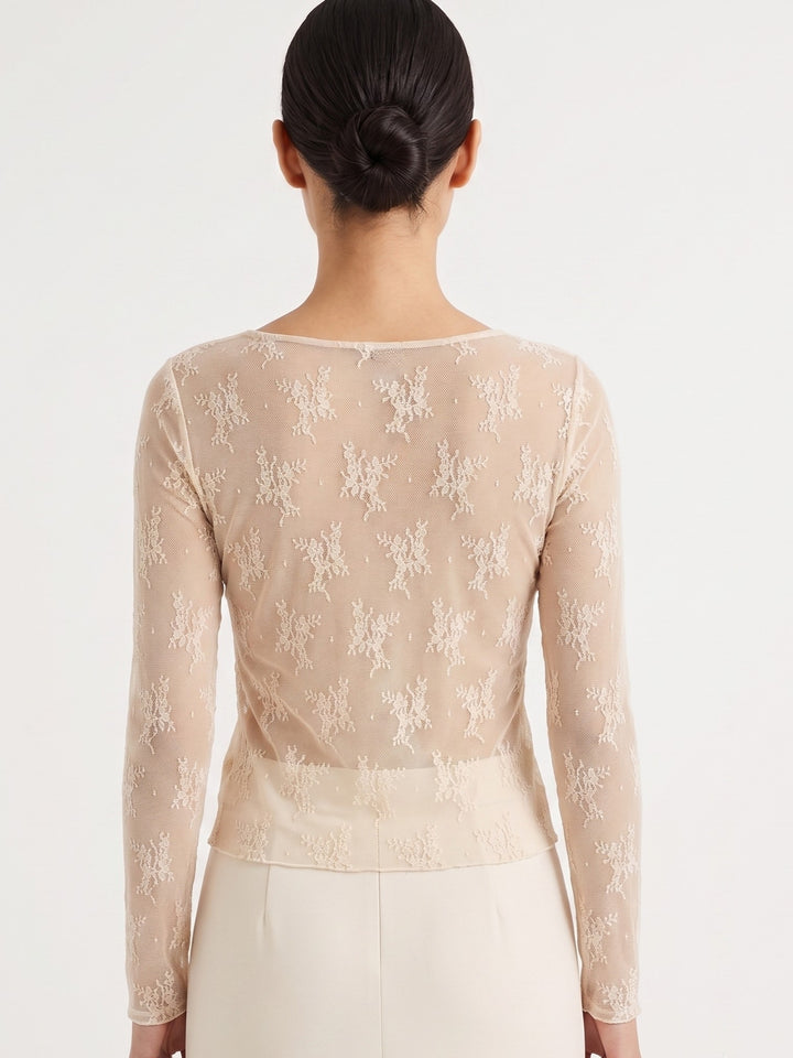Beige Fine Floral Textured Cardigan Styled Top