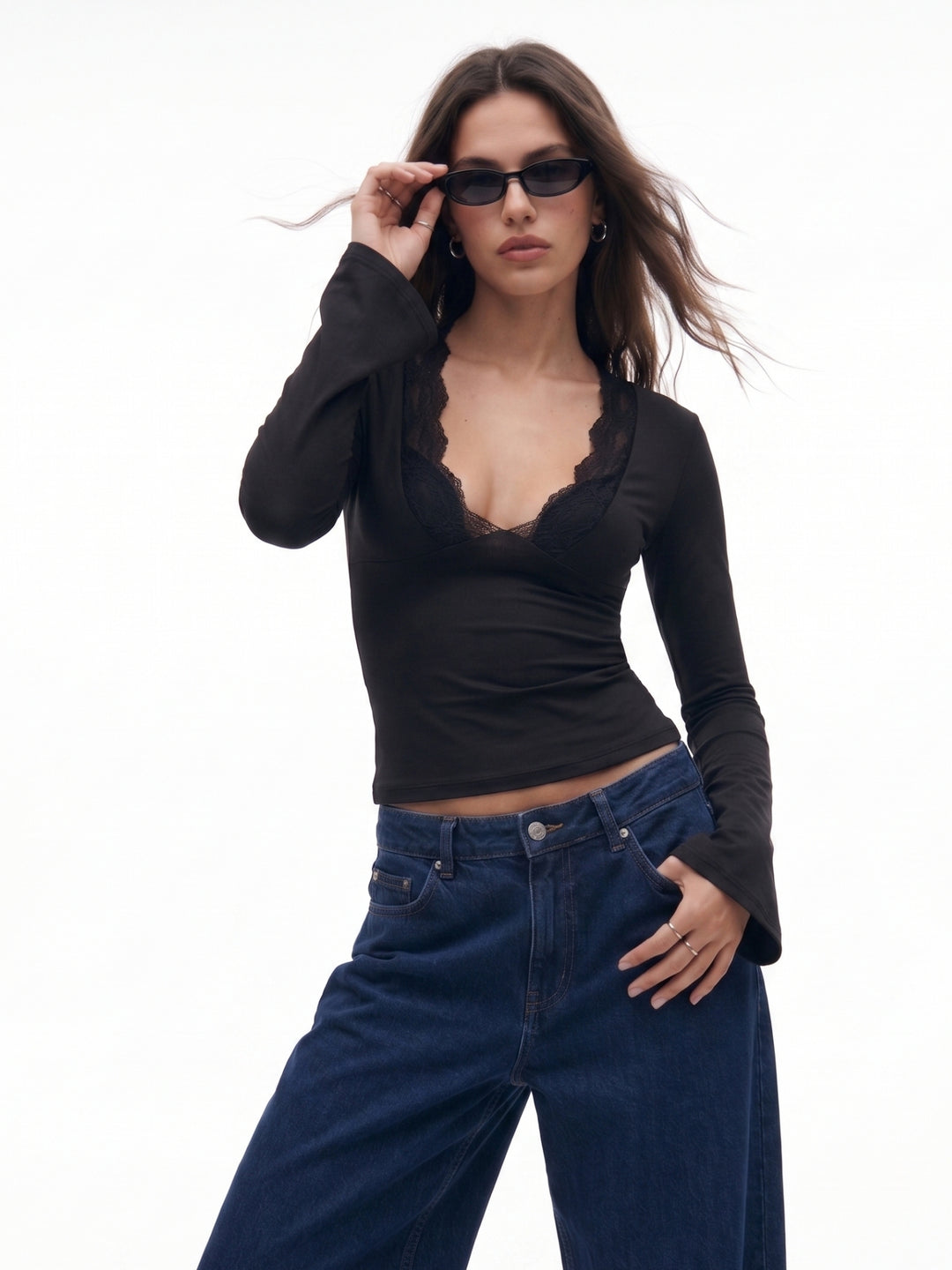Black V Neck Lace Top Bell Sleeve
