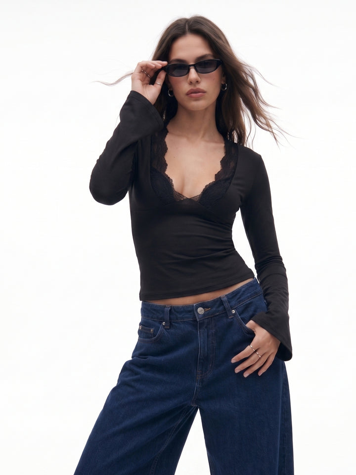 Black V Neck Lace Top Bell Sleeve