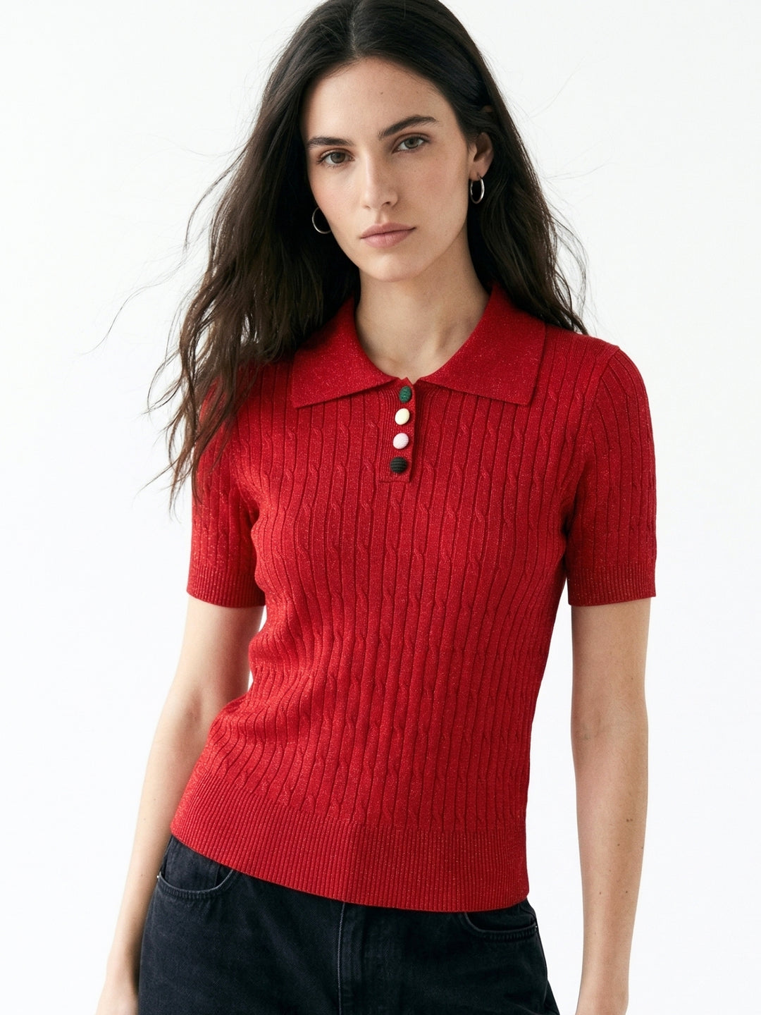 Red Short Sleeve Collared Neck Top
