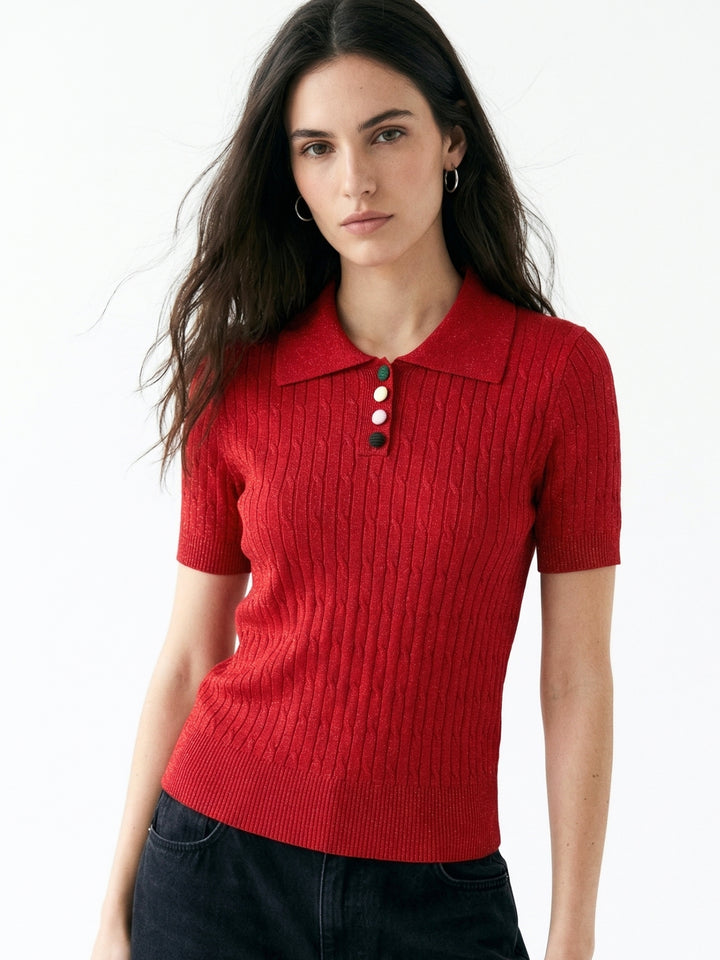 Red Short Sleeve Collared Neck Top
