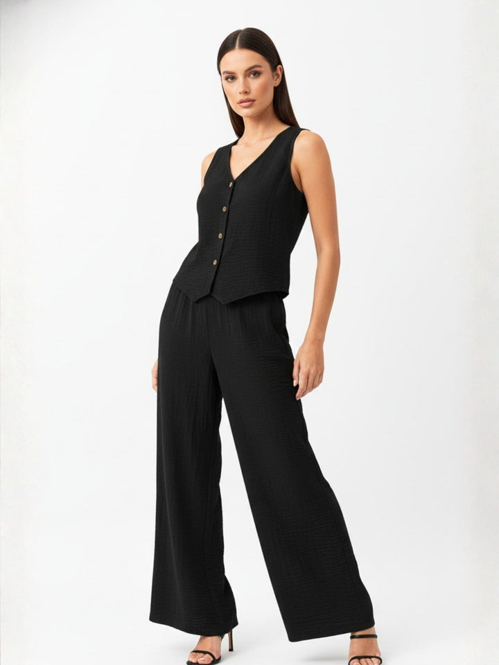Black Button Down Vest And Pant Co-Ord Set
