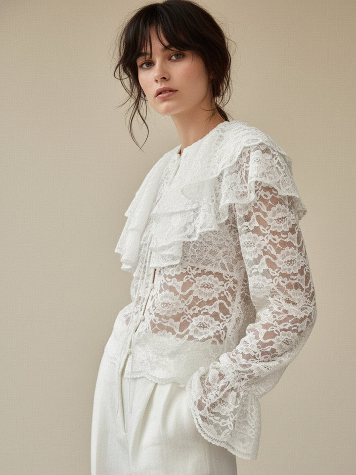 White Lace Ruffled Neck Front Button Down Top