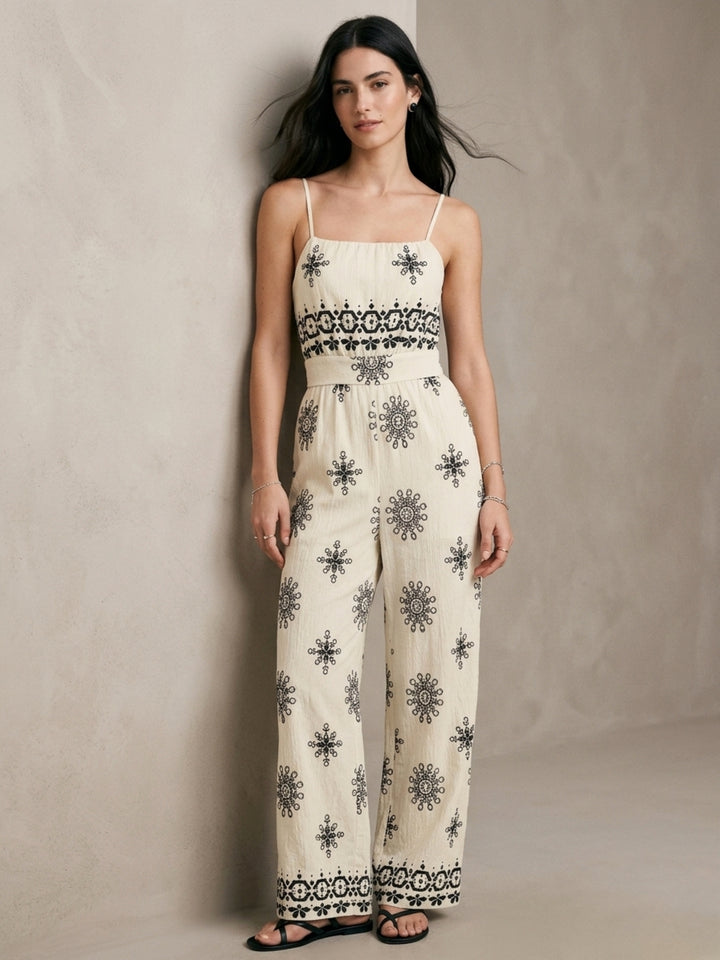Cream Spaghetti Strap Printed Jumpsuit
