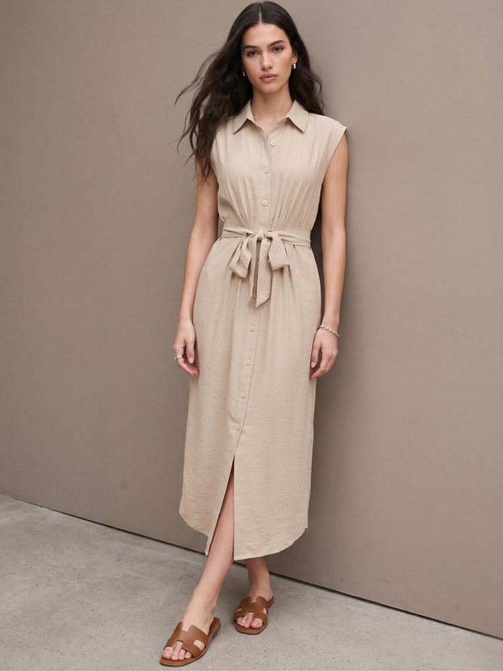 Cream Sleeveless Waist Belted Dress